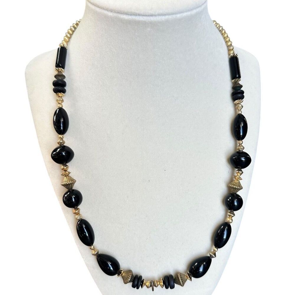 Vintage Gold Tone Black Stone Flapper Style Necklace 20"